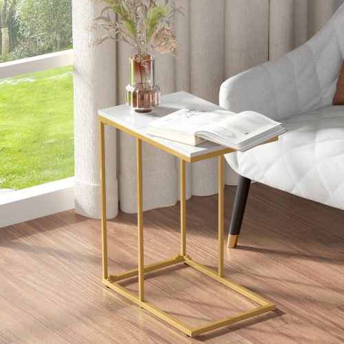 Modern C Shape Side Table Gold Coffee Accent Sofa End Table Slim High Gloss Marble Tabletop with Golden Metal Legs Laptop Snack for Home Office