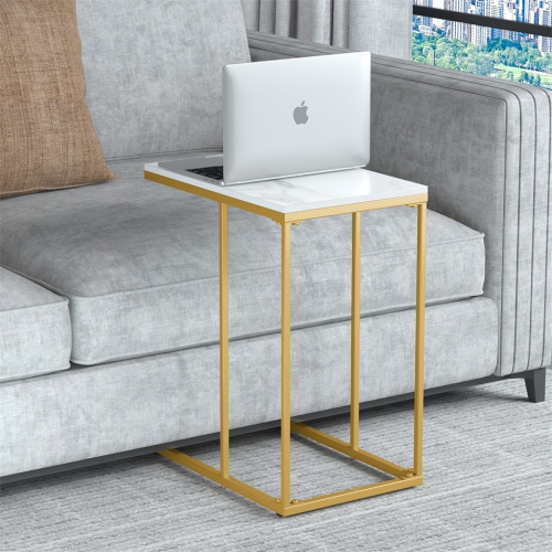 Modern C Shape Side Table Gold Coffee Accent Sofa End Table Slim High Gloss Marble Tabletop with Golden Metal Legs Laptop Snack for Home Office