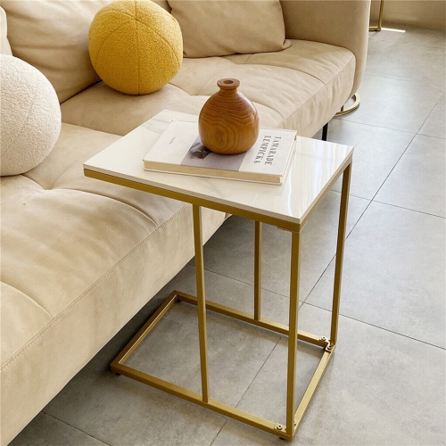 Modern C Shape Side Table Gold Coffee Accent Sofa End Table Slim High Gloss Marble Tabletop with Golden Metal Legs Laptop Snack for Home Office