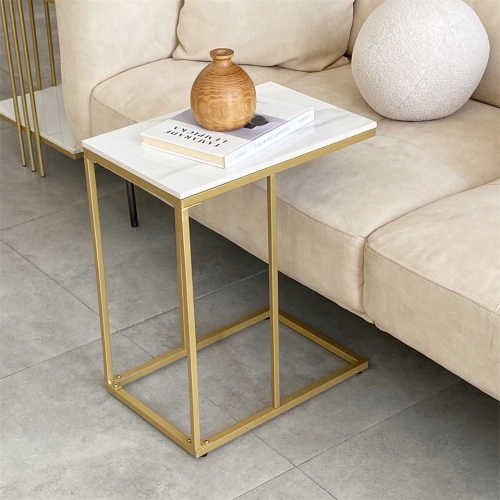 Modern C Shape Side Table Gold Coffee Accent Sofa End Table Slim High Gloss Marble Tabletop with Golden Metal Legs Laptop Snack for Home Office