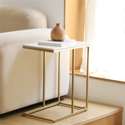 Modern C Shape Side Table Gold Coffee Accent Sofa End Table Slim High Gloss Marble Tabletop with Golden Metal Legs Laptop Snack for Home Office