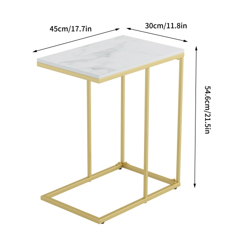 Modern C Shape Side Table Gold Coffee Accent Sofa End Table Slim High Gloss Marble Tabletop with Golden Metal Legs Laptop Snack for Home Office