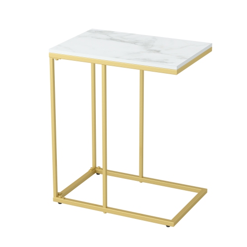 Modern C Shape Side Table Gold Coffee Accent Sofa End Table Slim High Gloss Marble Tabletop with Golden Metal Legs Laptop Snack for Home Office