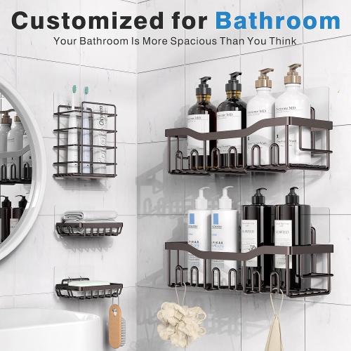 5 Pack Rustproof Premium Stainless Steel Adhesive Shower Caddy - Large Capacity Bath Organizers With No Drilling Shelves For Bathroom Storage & Home