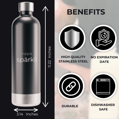 FIZZIT Stainless Steel Black Sparkling Water and Soda Maker Machine with Black Stainless Steel 1 Liter Re-Usable Bottle