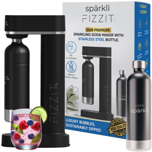 FIZZIT Stainless Steel Black Sparkling Water and Soda Maker Machine with Black Stainless Steel 1 Liter Re-Usable Bottle