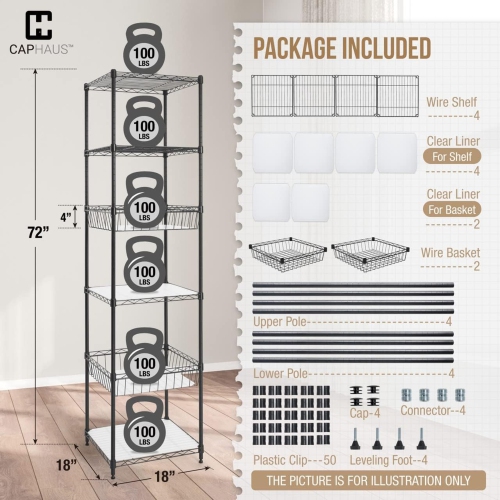 CAPHAUS NSF Adjustable Height 6 Tier Wire Shelving Unit w/Basket & Liner, Storage Rack Corner Shelves, Metal Storage Rack for Kitchen, Bathroom,