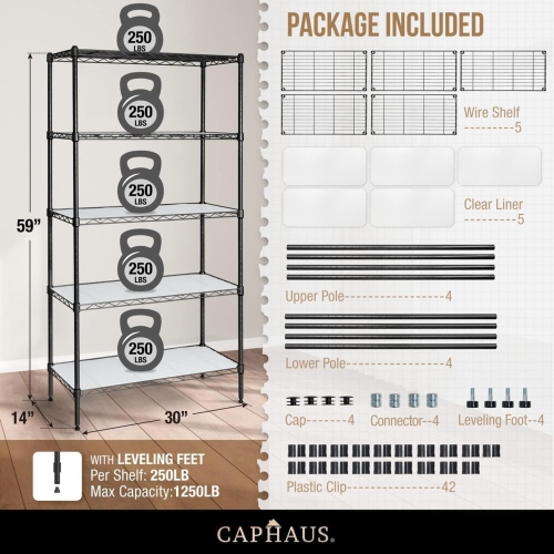 CAPHAUS NSF Adjustable Height Wire Shelving Unit w/Liner, Basement Storage Shelving, Metal Steel Storage Shelves, Garage Shelving Storage Organizer,