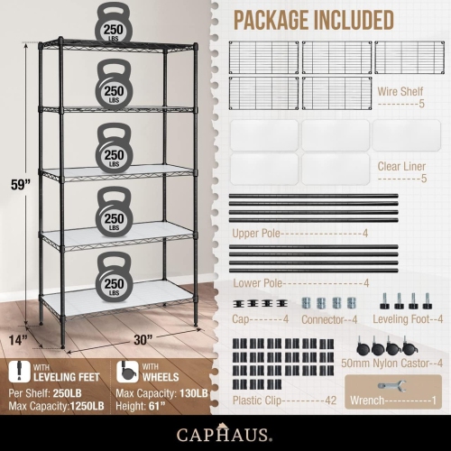 CAPHAUS NSF Heavy Duty Wire Shelving w/Wheels, Leveling Feet & Liners, Storage Metal Shelf, Garage Shelving Storage, Utility Wire Rack Storage