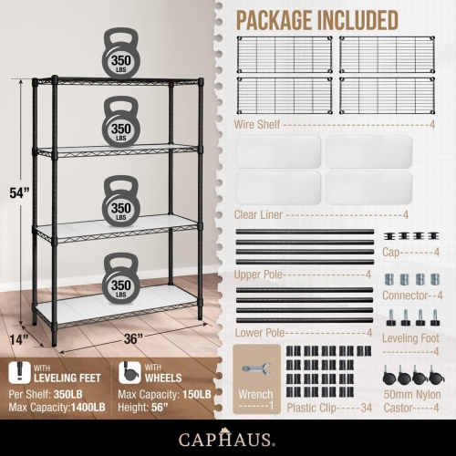 CAPHAUS NSF Heavy Duty Wire Shelving w/Wheels, Leveling Feet & Liners, Storage Metal Shelf, Garage Shelving Storage, Utility Wire Rack Storage