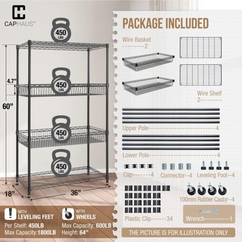 CAPHAUS NSF Commercial Heavy Duty 4 Tier Wire Shelving w/Two Rectangle Baskets, Wheels, Leveling Feet, Storage Metal Shelf, Basement Garage Shelving