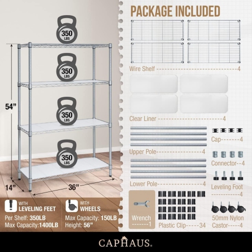 CAPHAUS NSF Adjustable Height Wire Shelving w/Liner, Metal Steel Storage Shelves, Utility Shelf, Garage Shelving Storage Organizer, Basement Storage
