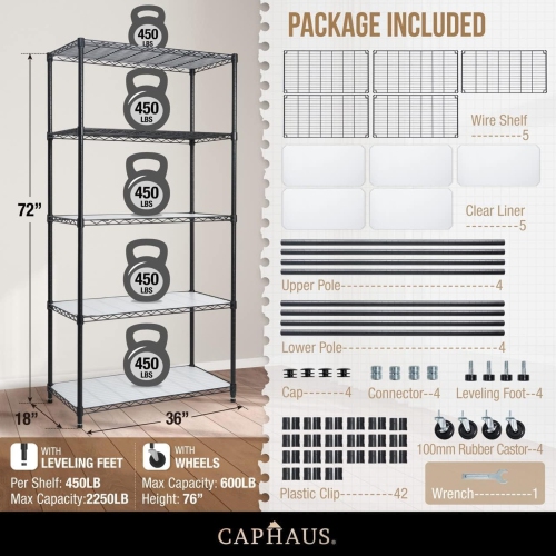 CAPHAUS NSF Commercial Grade Heavy Duty Wire Shelving w/Wheels, Leveling Feet & Liners, Storage Metal Shelf, Garage Shelving Storage, Utility Wire