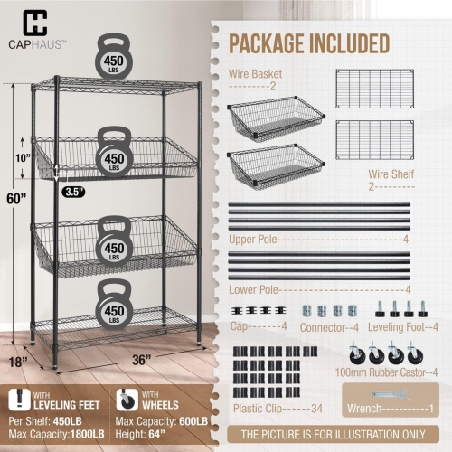CAPHAUS NSF Commercial Heavy Duty 4 Tier Wire Shelving w/Two Trapezoid Baskets, Wheels, Leveling Feet, Storage Metal Shelf, Basement Garage Shelving