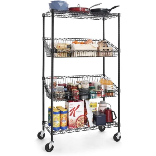CAPHAUS NSF Commercial Heavy Duty 4 Tier Wire Shelving w/Two Trapezoid Baskets, Wheels, Leveling Feet, Storage Metal Shelf, Basement Garage Shelving