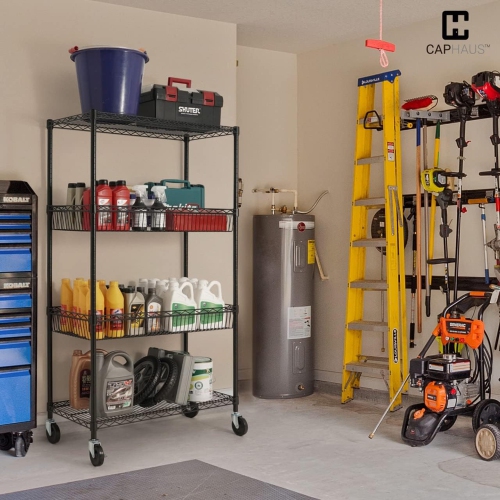 CAPHAUS NSF Commercial Heavy Duty 4 Tier Wire Shelving w/Two Trapezoid Baskets, Wheels, Leveling Feet, Storage Metal Shelf, Basement Garage Shelving