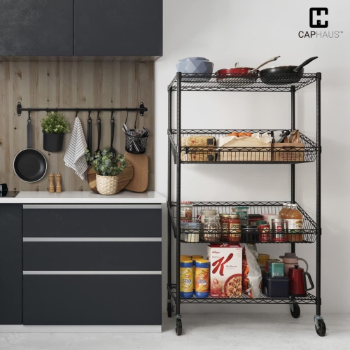 CAPHAUS NSF Commercial Heavy Duty 4 Tier Wire Shelving w/Two Trapezoid Baskets, Wheels, Leveling Feet, Storage Metal Shelf, Basement Garage Shelving