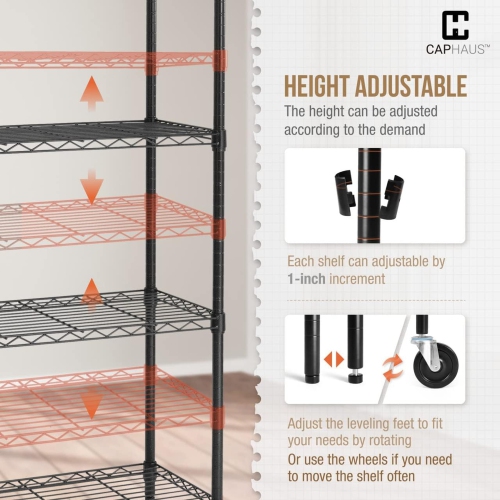 CAPHAUS NSF Commercial Heavy Duty 4 Tier Wire Shelving w/Two Trapezoid Baskets, Wheels, Leveling Feet, Storage Metal Shelf, Basement Garage Shelving