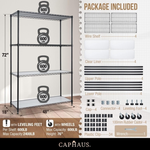CAPHAUS NSF Commercial Grade Heavy Duty Wire Shelving w/Wheels, Leveling Feet & Liners, Storage Metal Shelf, Garage Shelving Storage, Utility Wire