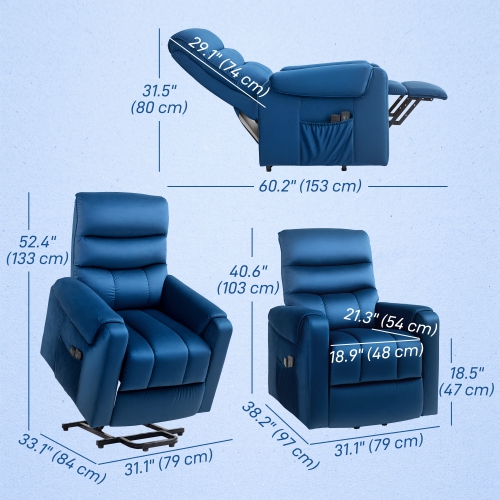 Fauteuil inclinable électrique pour personnes âgées de HOMCOM avec 8 points de vibration, fauteuil inclinable avec télécommande, pochettes latérales