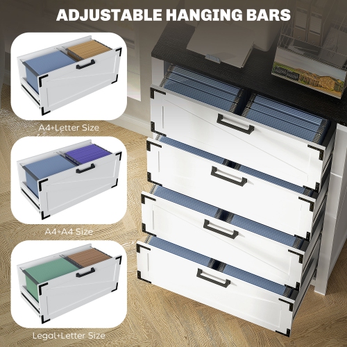 HOMCOM 4 Drawer File Cabinet, Farmhouse Lateral Filing Cabinet with Adjustable Hanging Bars for Letter, A4 and Legal Size, Printer Stand for Home