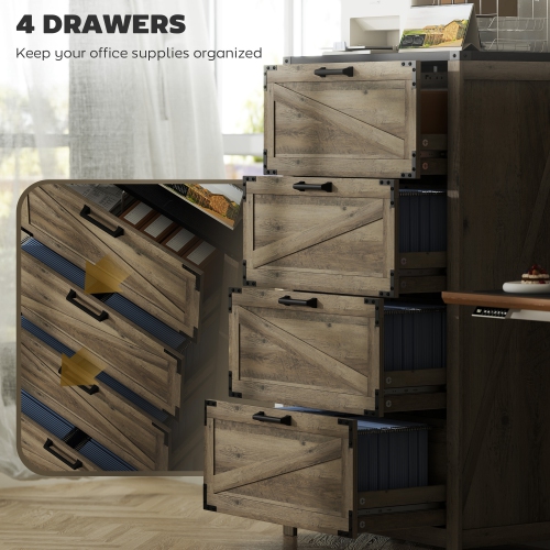 HOMCOM 4 Drawer File Cabinet, Farmhouse Lateral Filing Cabinet with Adjustable Hanging Bars for Letter, A4 and Legal Size, Printer Stand for Home