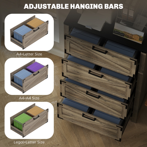 HOMCOM 4 Drawer File Cabinet, Farmhouse Lateral Filing Cabinet with Adjustable Hanging Bars for Letter, A4 and Legal Size, Printer Stand for Home