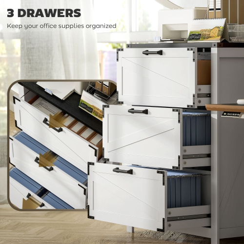 HOMCOM 3 Drawer File Cabinet, Farmhouse Lateral Filing Cabinet with Adjustable Hanging Bars for Letter, A4 and Legal Size, Printer Stand for Home