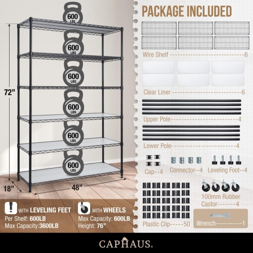 CAPHAUS NSF Commercial Grade Heavy Duty Wire Shelving w/Wheels, Leveling Feet & Liners, Storage Metal Shelf, Garage Shelving Storage, Utility Wire