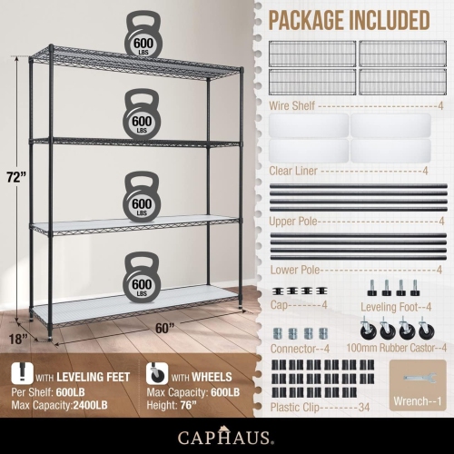 CAPHAUS NSF Commercial Grade Heavy Duty Wire Shelving w/Wheels, Leveling Feet & Liners, Storage Metal Shelf, Garage Shelving Storage, Utility Wire