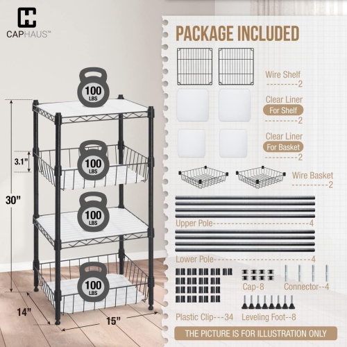 CAPHAUS NSF Adjustable 2 to 4 Tier Stackable Wire Shelving Unit w/Basket & Liner, Storage Corner Shelves, Metal Storage Rack, Wire Shelving Basket