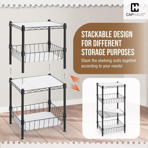 CAPHAUS NSF Adjustable 2 to 4 Tier Stackable Wire Shelving Unit w/Basket & Liner, Storage Corner Shelves, Metal Storage Rack, Wire Shelving Basket