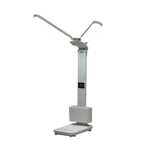 SD  Rechargeable Led Clock Lamp With Two Head Wide Angle Lighting Phone Holder Digital Clock Detachable Pen Holder