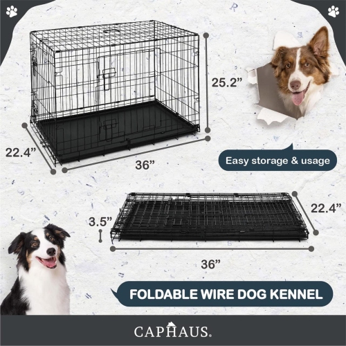 BOWHAUS Foldable Dog Crate Wire Metal Dog Kennel w/Divider Panel, Leak-Proof Pan & Protecting Feet, Single & Double Door, Small, Medium & Large Dog