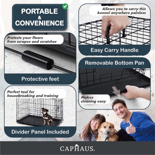 CAPHAUS Foldable Dog Crate Wire Metal Dog Kennel w/Divider Panel, Leak-Proof Pan & Protecting Feet, Single & Double Door, Small, Medium & Large Dog