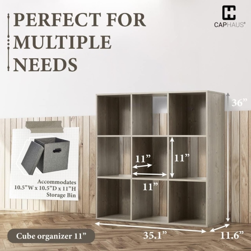 CAPHAUS Sturdy Room 11-Inch Cube Storage Organizer Shelf, with Thick Exterior Edge, Storage Shelf Divider w/Back, Bookcase,9-Cube, Rustic Grey Oak