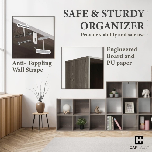 CAPHAUS Sturdy Room 11-Inch Cube Storage Organizer Shelf, with Thick Exterior Edge, Storage Shelf Divider w/Back, Bookcase,9-Cube, Rustic Grey Oak