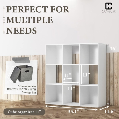 CAPHAUS Sturdy Room 11-Inch Cube Storage Organizer Shelf, with Thick Exterior Edge, Storage Shelf Divider w/Back, Bookcase, 9-Cube, White