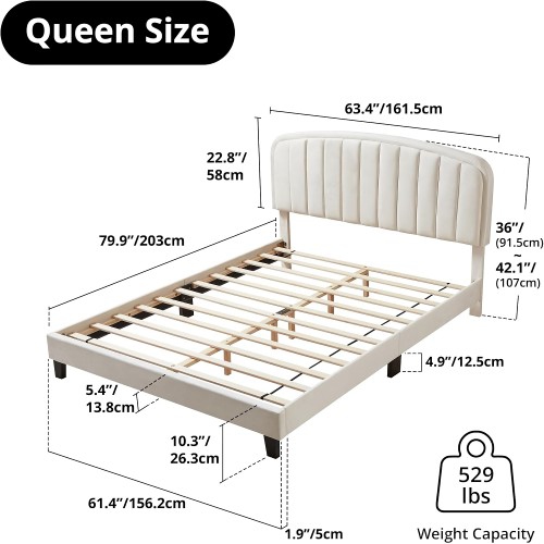 Queen Size Bed Frame, Upholstered Velvet Platform Bed with Adjustable Headboard, Wood Slat Support, No Box Spring Needed