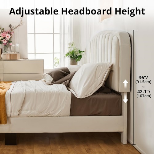 Queen Size Bed Frame, Upholstered Velvet Platform Bed with Adjustable Headboard, Wood Slat Support, No Box Spring Needed