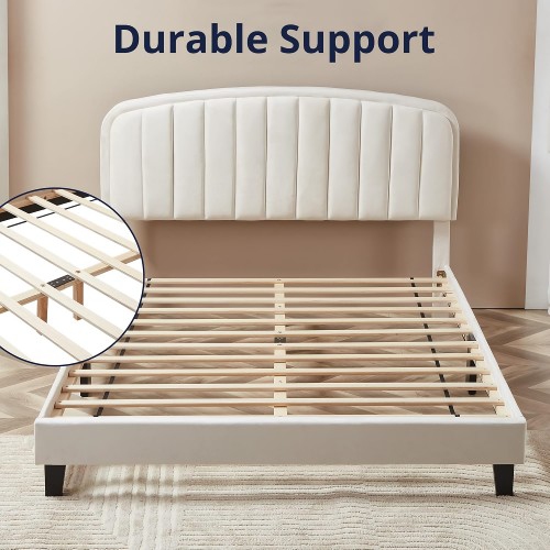 Queen Size Bed Frame, Upholstered Velvet Platform Bed with Adjustable Headboard, Wood Slat Support, No Box Spring Needed