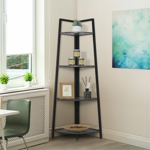 CAPHAUS Tall Corner Shelf Stand, 4-Tier Display Shelves, Ladder Corner Wood Storage Plant Bookshelf with Metal Frame, Versatile Shelving Unit Bookcas