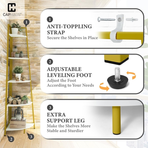 CAPHAUS Tall Corner Shelf Stand, 4-Tier Display Shelves, Ladder Corner Wood Storage Plant Bookshelf with Metal Frame, Versatile Shelving Unit