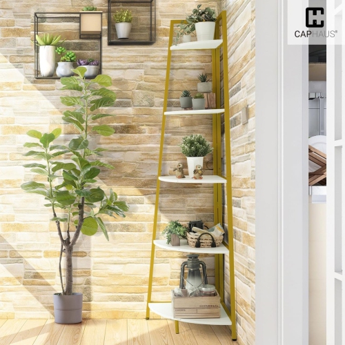 CAPHAUS Tall Corner Shelf Stand, 4-Tier Display Shelves, Ladder Corner Wood Storage Plant Bookshelf with Metal Frame, Versatile Shelving Unit