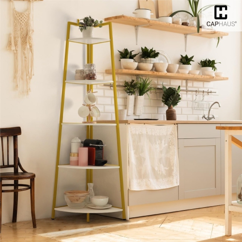 CAPHAUS Tall Corner Shelf Stand, 4-Tier Display Shelves, Ladder Corner Wood Storage Plant Bookshelf with Metal Frame, Versatile Shelving Unit
