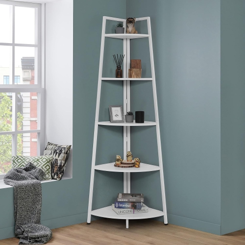 CAPHAUS  Tall Corner Shelf Stand, 5-Tier Display Shelves, Ladder Corner Wood Storage Plant Bookshelf \w Metal Frame, Versatile Shelving Unit Bookcase