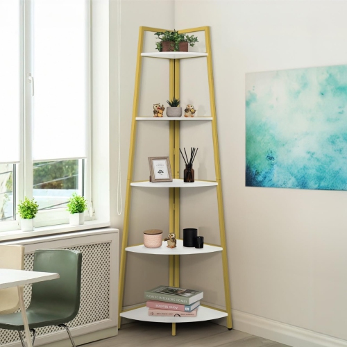 CAPHAUS  Tall Corner Shelf Stand, 5-Tier Display Shelves, Ladder Corner Wood Storage Plant Bookshelf \w Metal Frame, Versatile Shelving Unit Bookcase
