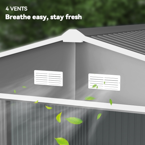 Remise de jardin Outsunny de 9 x 11 pi avec trousse de base, maison de rangement en métal à outils double pour jardin extérieur, gris pâle