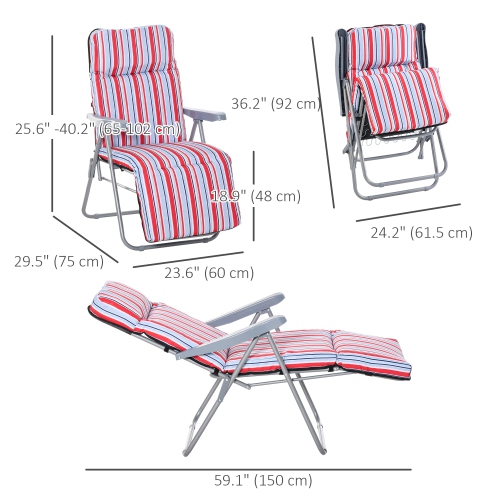Outsunny Set of 2 Garden Sun Lounger, Outdoor Reclining Seat Cushioned Seat, Foldable Adjustable Recliner, Grey and Red