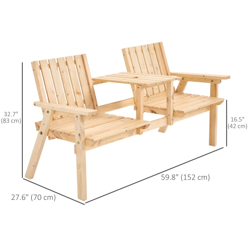 Outsunny 2-Seater Outdoor Wooden Bench with Middle Table and Umbrella Hole, Garden Bench for 2 Persons, Patio Loveseat with Slatted Seat and Back,